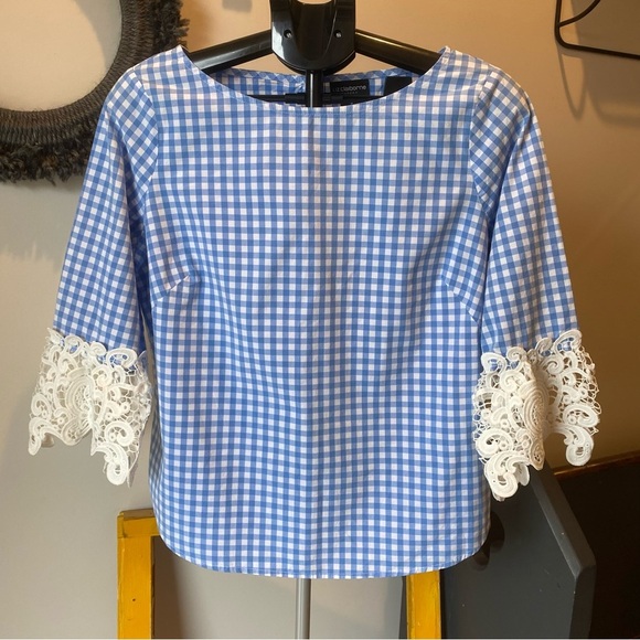 Liz Claiborne Blue Gingham Top with Lace Sleeves M - Picture 1 of 4
